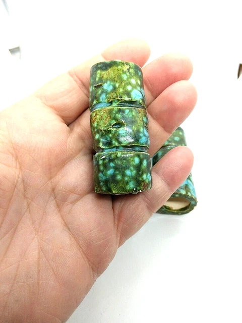 Vintage Macrame Beads Ceramic Hand Made Bead Speckled Blue and Green 4