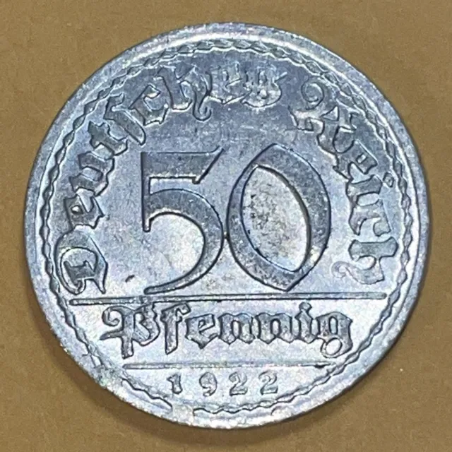 German 50 Pfennig Coin 1922 D Munich Germany Wheatsheaf Aluminum Mark 23mm KM#27