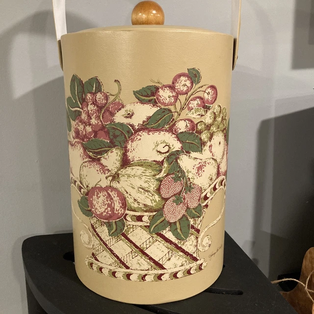 Ice Bucket Georges Briard Tan Vinyl w/Floral & Fruit, Great Condition, Vintage