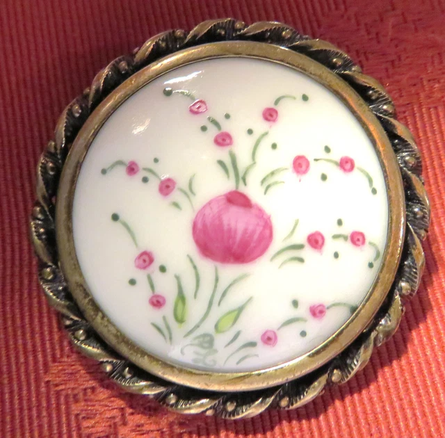 Broche Ancienne Porcelaine Limoges - Monture Métal Doré, Motif Fleurs - Vintage, Laiton