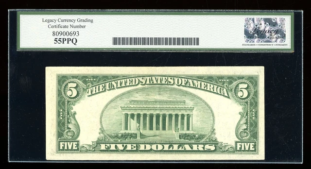 DBR 1934-D $5 Silver Fr. 1654Wi Wide I RA Block Legacy 55 PPQ Serial R32663864A 2