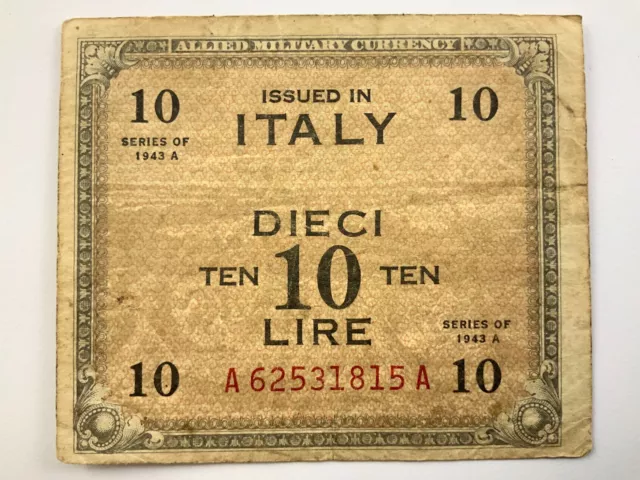 1943 A Italy 10 Lire Circulated Banknote DD987