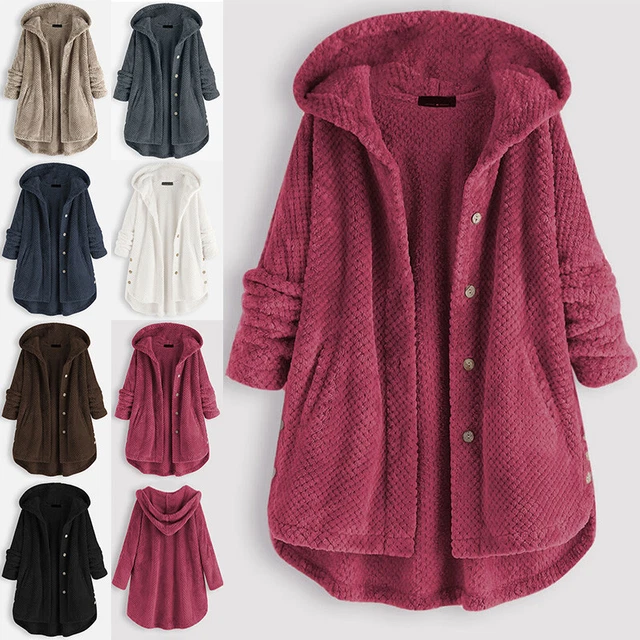 Womens Fleece Winter Warm Hooded Coat Ladies Teddy Bear Fleece Jacket Plus Size