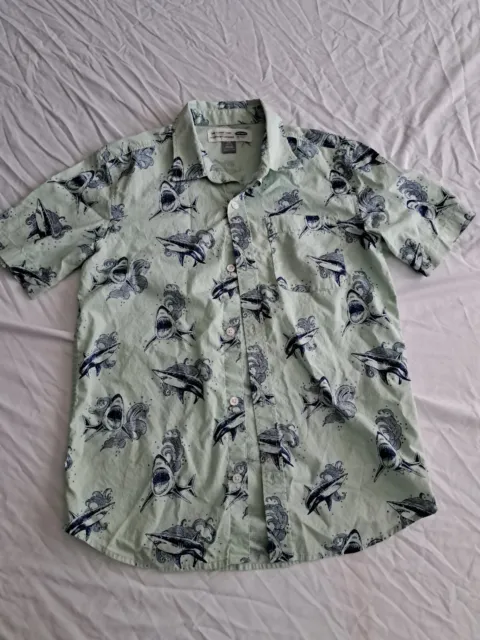 Old Navy Shark Button Up Short Sleeve Shirt Boy's Size Large (10-12) Teal Green