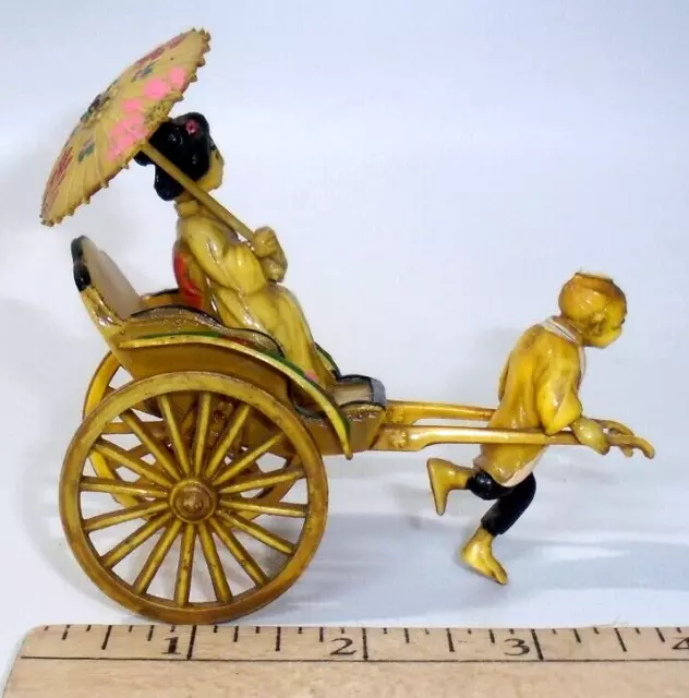 Vintage 1940s Celluloid Japanese Rickshaw Man Pulling Geisha & Dog Figurine 3