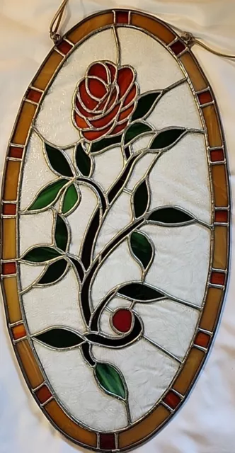 Large Victorian Style Floral Stained Glass Oval Leaded Window Hanging Heavy GUC