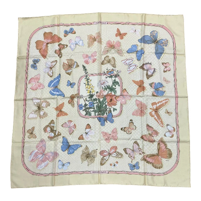 Hermes Carre 90 silk 100% scarf FARANDOLE white multi butterfly Ladies used