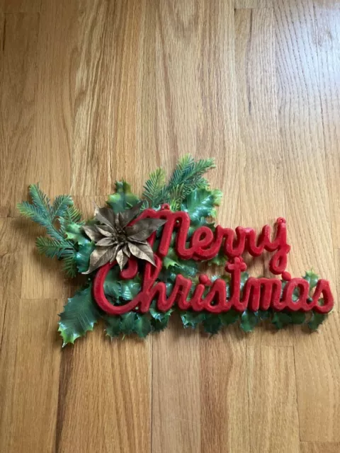 Vintage Merry Christmas Hanging Sign, Wall, Door Decor w/ Poinsettia & Holly