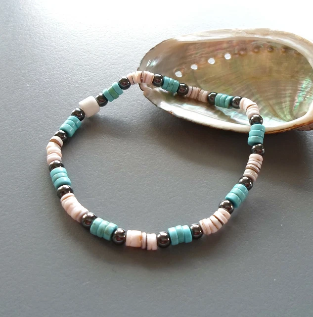Collier Amérindien Surfeur - Turquoise, Corail, Nacre, Argent - Longueur Sur Mesure