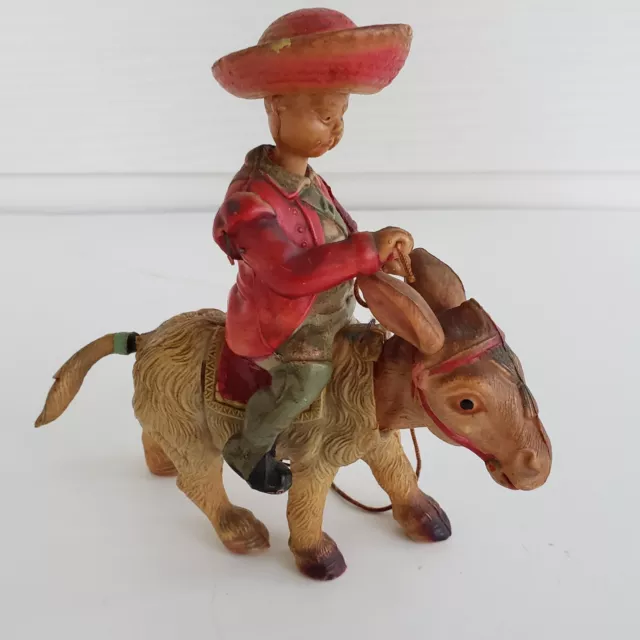 Vintage 40s Occupied Japan Celluloid Wind-up Mechanical Toy donkey w/ rider