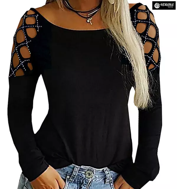 Maglia Top Donna Rete su Spalle Manica Lunga Woman T-shirt Top Bluse 330045