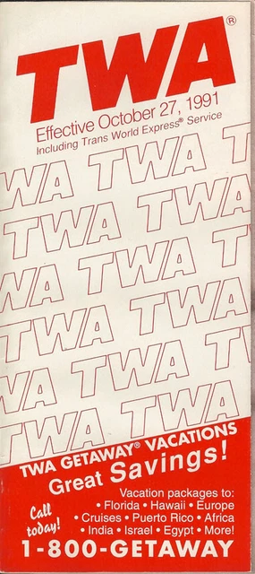 TWA Trans World Airlines system timetable 10/27/91 [308TW] Buy 4+ save 25%