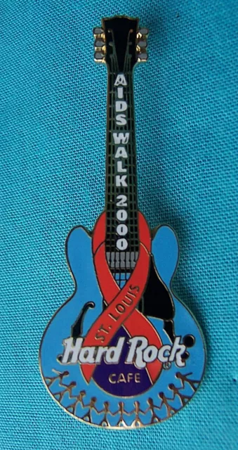 ST LOUIS HRC AIDS WALK 2000 RED RIBBON BLUE GIBSON GUITAR Hard Rock Cafe PIN