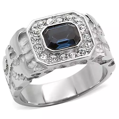Mens sapphire ring signet pinky stainless steel bezel 2.30ct cz silver blue 2210