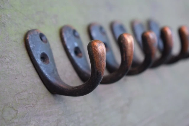 Set Of Six Reclaimed 1940s Coppered Coat Hooks / Old Vintage Antique Rack Pegs