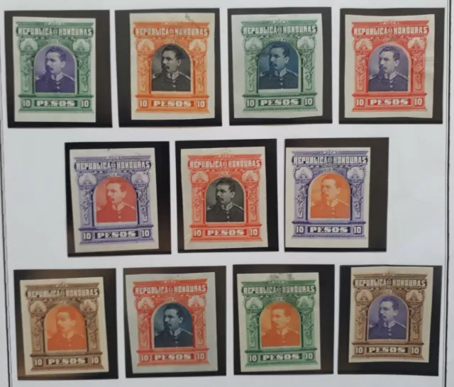 VERY RARE 1891 Honduras lot of 11 Luis Bogran Imperf Colour Trial stamps MNG