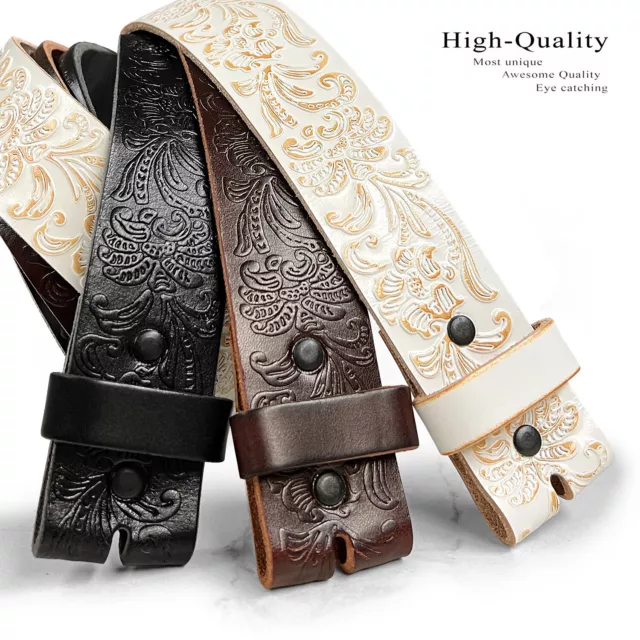 Genuine Full Grain Western Floral Engraved Tooled Leather Belt Strap with Snaps