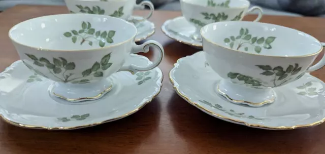 Set of 4 Vintage Mitterteich "Green Leaves" Teacup and Saucer Germany Excellent 3