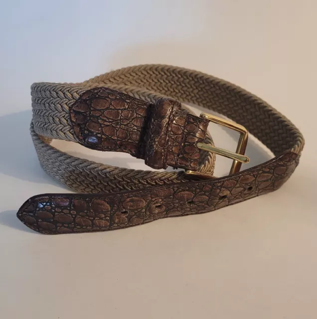 1897 Canada Made Mens Embossed Brown CROC Leather,  Tan Braided Canvas Belt