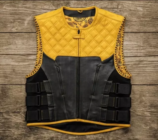 Leather Vest Mens Hunt Club Diamond Quilted Black & Yellow Paisley Leather Build