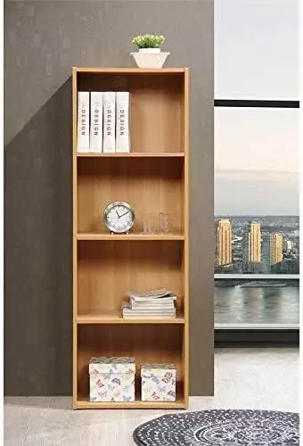 Hodedah 4-Shelf Wood Bookcase in Beech, Space-Saving & Stylish Storage