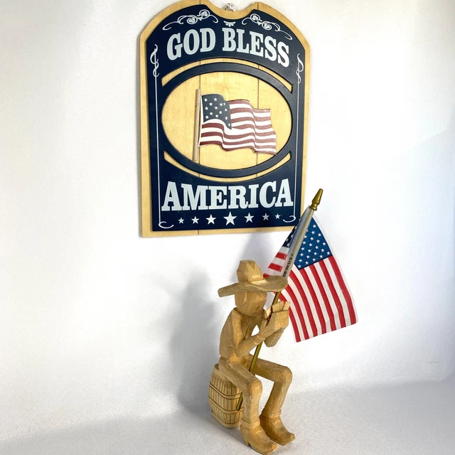 VTG Cowboy Poker Player Wood Hand Carved America Folk Art Western w/USA Plaque