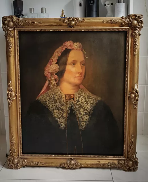 Biedermeier Portrait von einer vornehmer Dame mit Blumenkranz am Kopf 1850