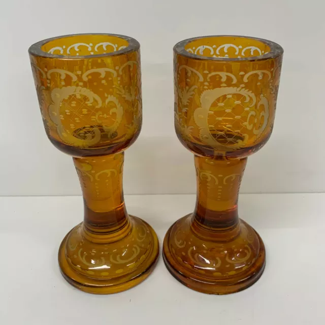 Fine Quality Antique 19TH Century Bohemian Amber Engraved Glass Pair