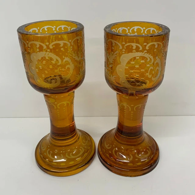 Fine Quality Antique 19TH Century Bohemian Amber Engraved Glass Pair