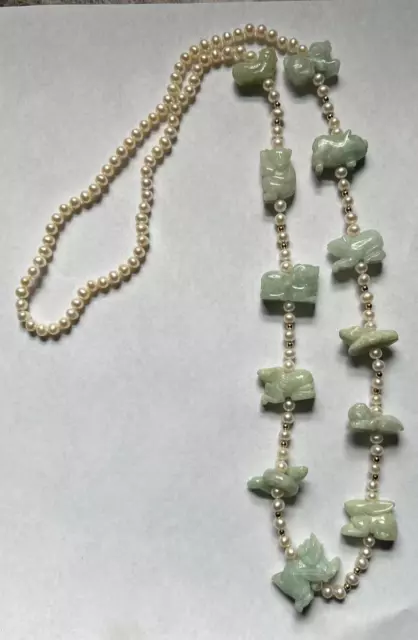 Vintage Pearl, Carved Jade And 14k Yellow Gold Beads Chinese Zodiac Necklace