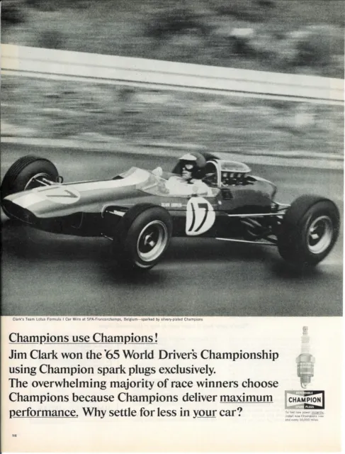 1965 CHAMPION Spark Plug Jim Clark Race Car Vintage Print Ad Advertising