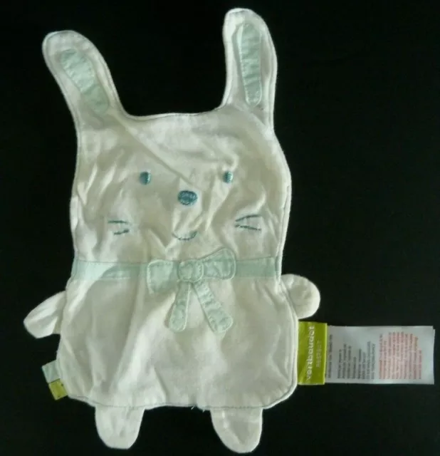 5. PETIT DOUDOU PLAT VERTBAUDET LAPIN BIO BLANC BLEU NOEUD 23cm - TBE