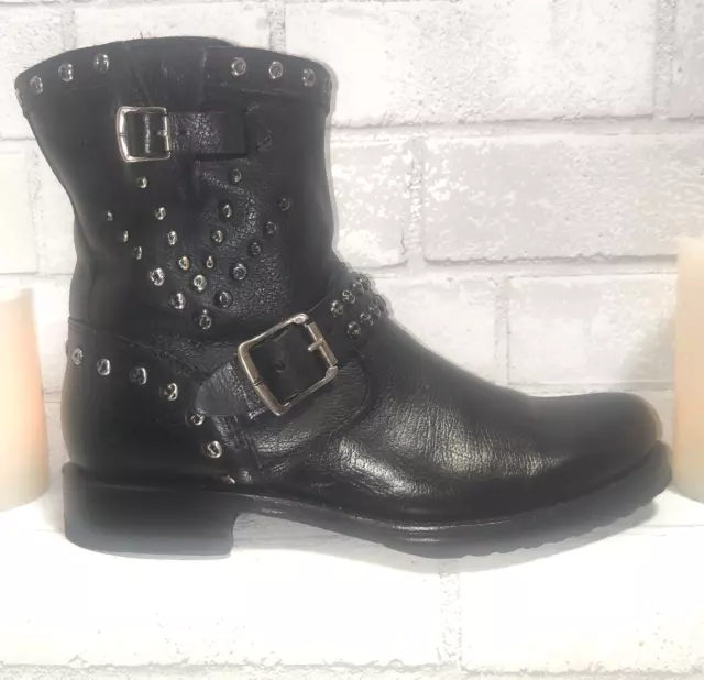 Frye Veronica Studded Moto Deco Ankle Boots Black Leather Buckle Women's 8