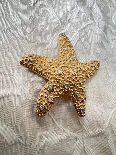 Signed Retired Swarovski Starfish Pin Brooch Rare Gold Tone Pave Crystal N94