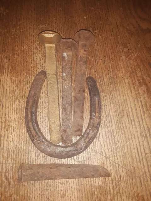 3 Large Antique Rr Spikes And 1 Small One Plus An Old Horseshoe--Selling As Set