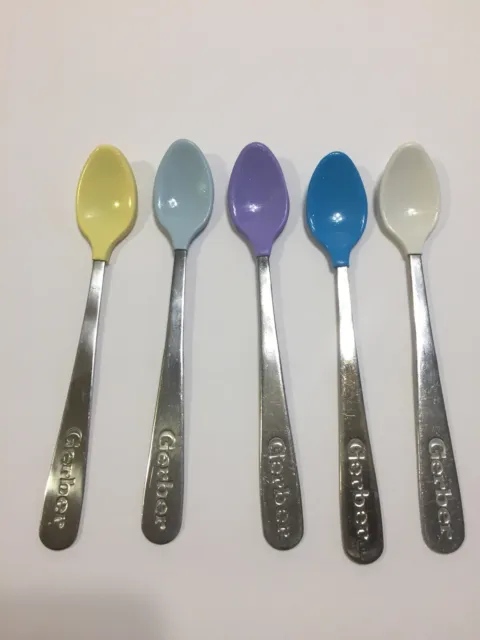 Gerber Baby Spoons Lot Of 5 Multicolor Soft Tip Stainless Steel