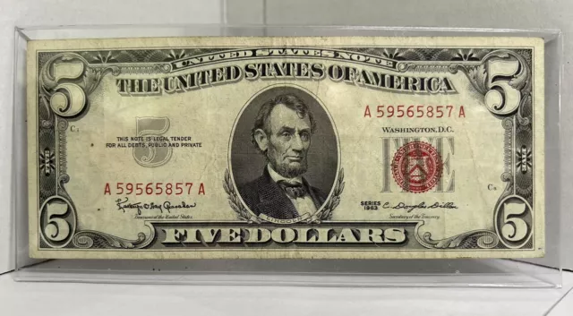 1963 Five Dollar Bill Red Seal Circulated. Free Shipping. 8 Digit.