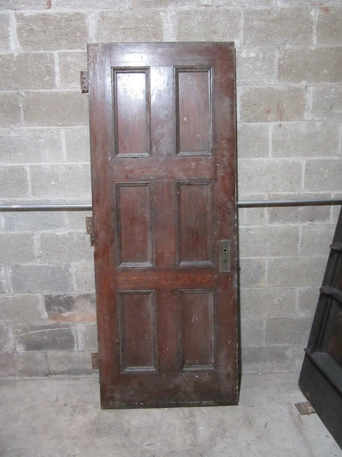~ ANTIQUE OAK 6 PANEL DOOR WITH HARDWARE W ~ 32 x 81.5 ARCHITECTURAL SALVAGE