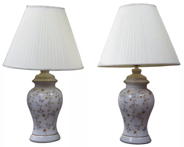 2 Vintage Chinese Chinoiserie Porcelain Butterfly Mantel Urn Vase Buffet Lamps