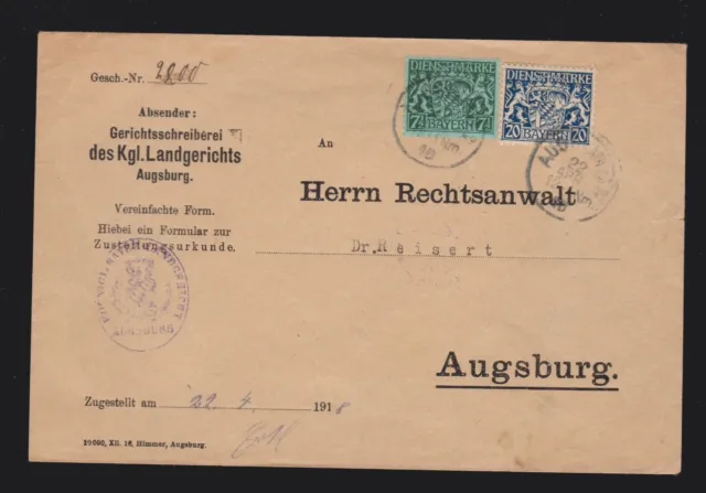Brief Bayern Dienst Mi.25, 28 geprüft von Augsburg 1919 gelaufen