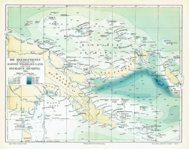 Kaiser-Wilhelms-Land Meerestiefen Seekarte Neuguinea LANDKARTE von 1912