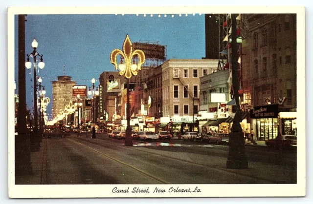 1960s NEW ORLEANS LA CANAL STREET AT NIGHT BARS NIGHTCLUBS POSTCARD P2899