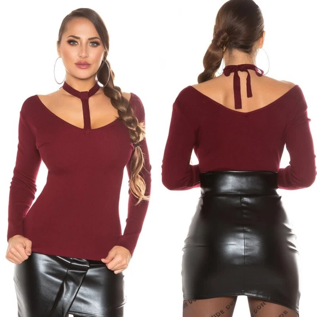 Maglione donna pullover in maglia maglietta aderente maniche lunghe inverno