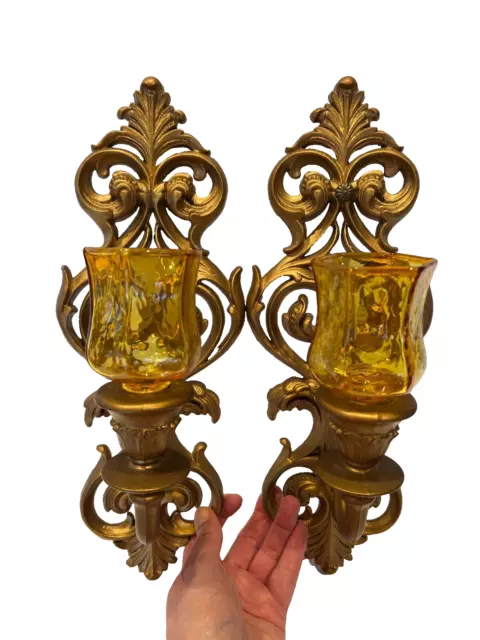 Mid Century Burwood Gold Wall Sconces Pair Hollywood Regency Candle Holders Vtg