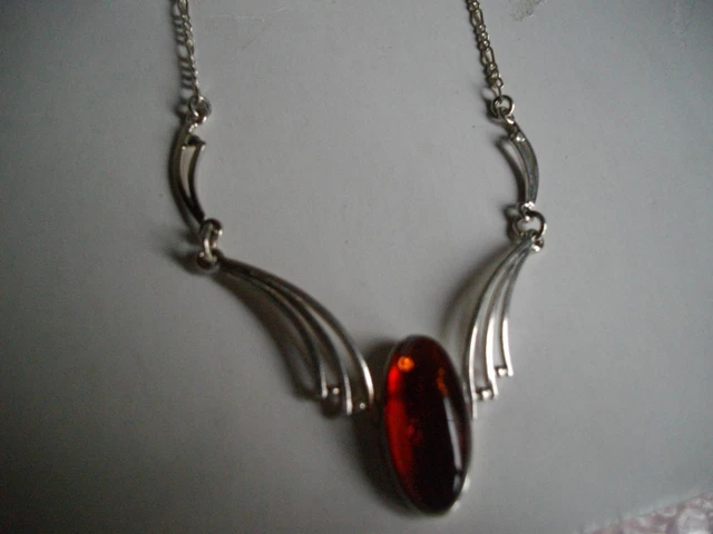 Collier Argent Massif 925 Avec Pendentif Résine Style Ambre - Chaîne Incluse, Occasion En Très Bon état