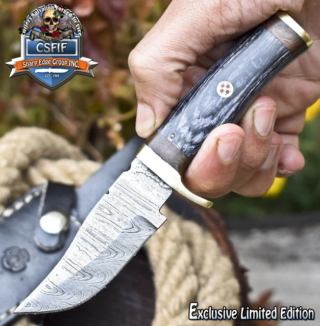 CSFIF Hand Crafted Skinner Knife Damascus Ash Wood Brass Guard Camping Bushcraft