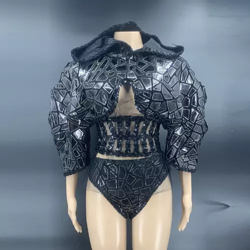 Black Mirror Sequins Dancing Stage Costume Rave Outfit Drag Queen Performance