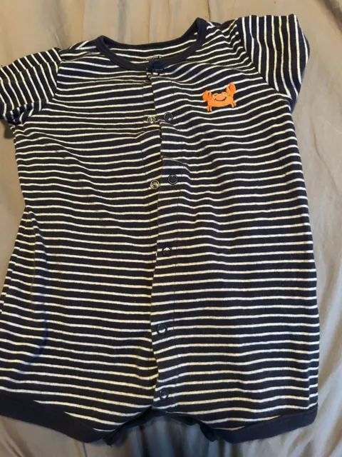 Crab Romper Navy Blue Striped Baby Boy Size 12 Months Carters