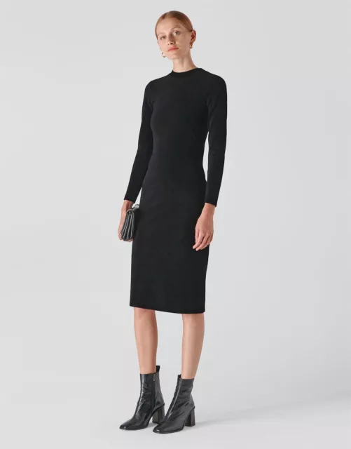 WHISTLES Black Velvet Cord Jersey Dress Midi Long Sleeve Below Knee Stretchy