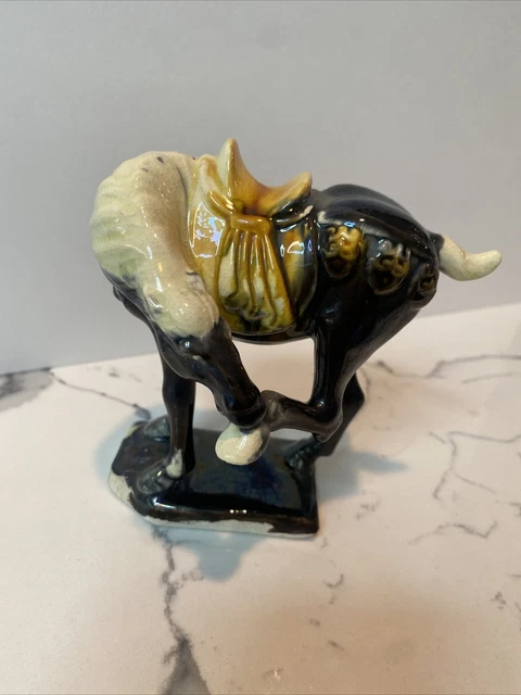 Vintage Chinese Imperial black  War Horse Tang Dynasty Glazed Ceramic Figurine